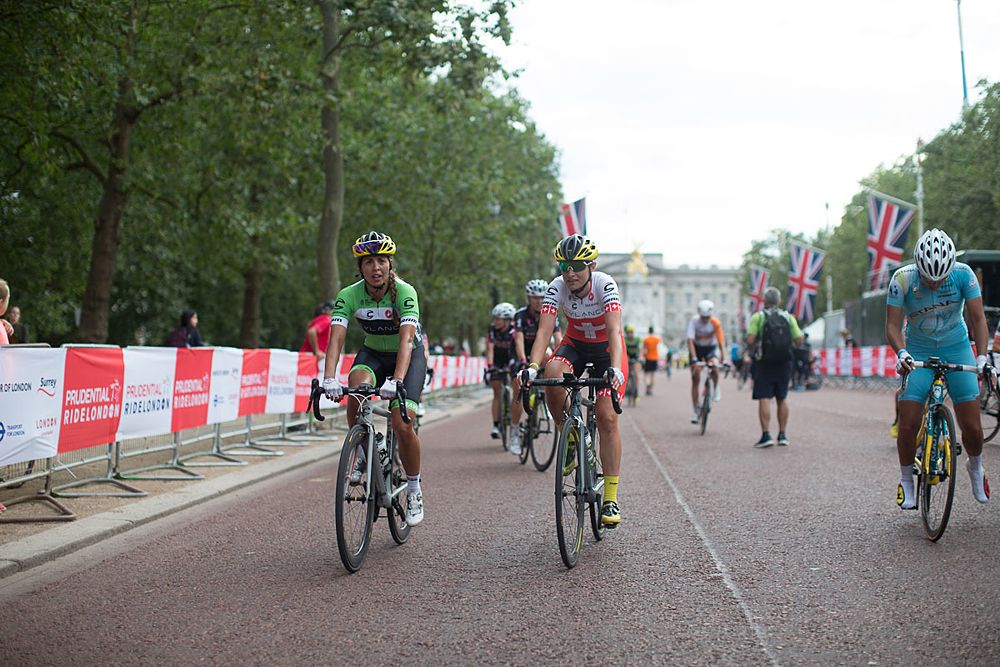 Carmen Small (USA) of Cylance Pro Cycling chats to team mate Doris Schweizer (SUI) after finishing the Prudential RideLondon Classique