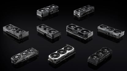 An array of Nvidia RTX 4080 Super GPUs on a black reflective surface