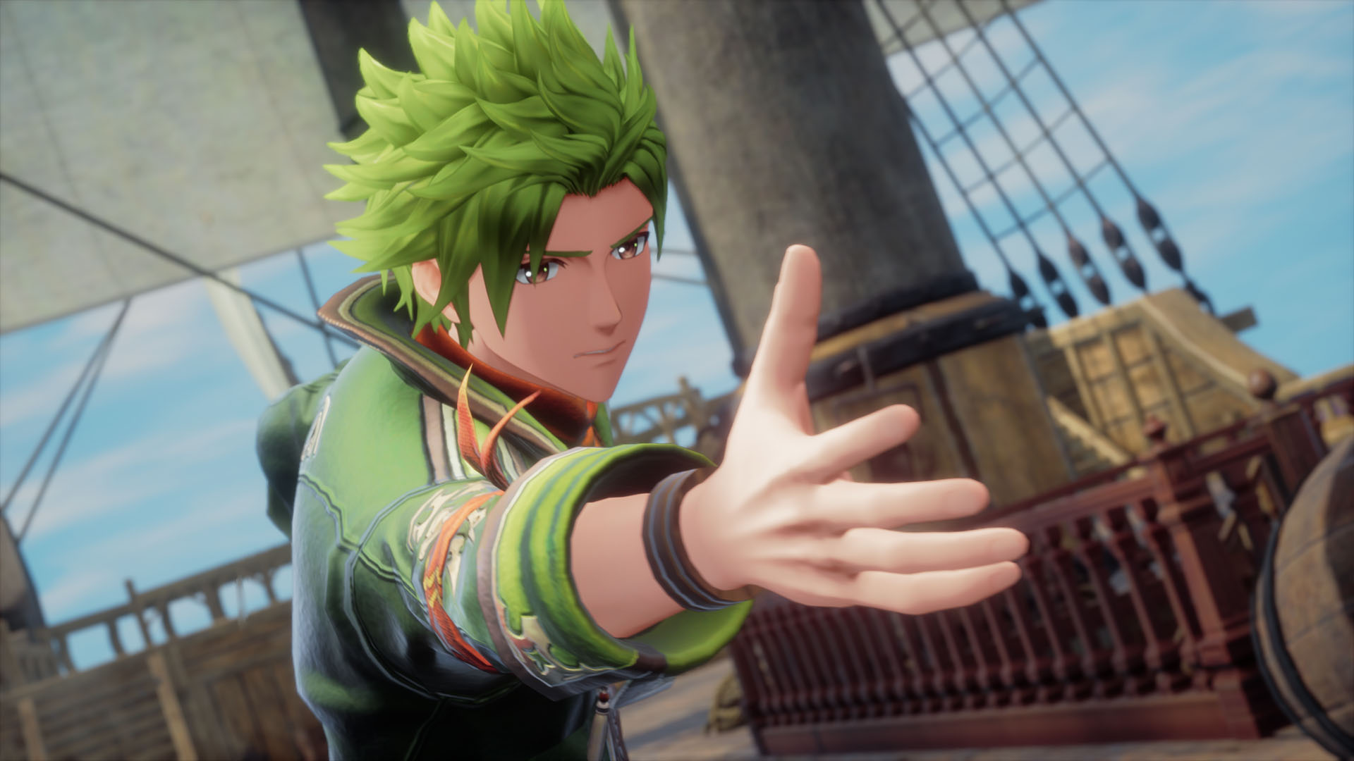 Julian, with green hair, reaches out his hand on a ship in Romancing SaGa 3: Destinies United