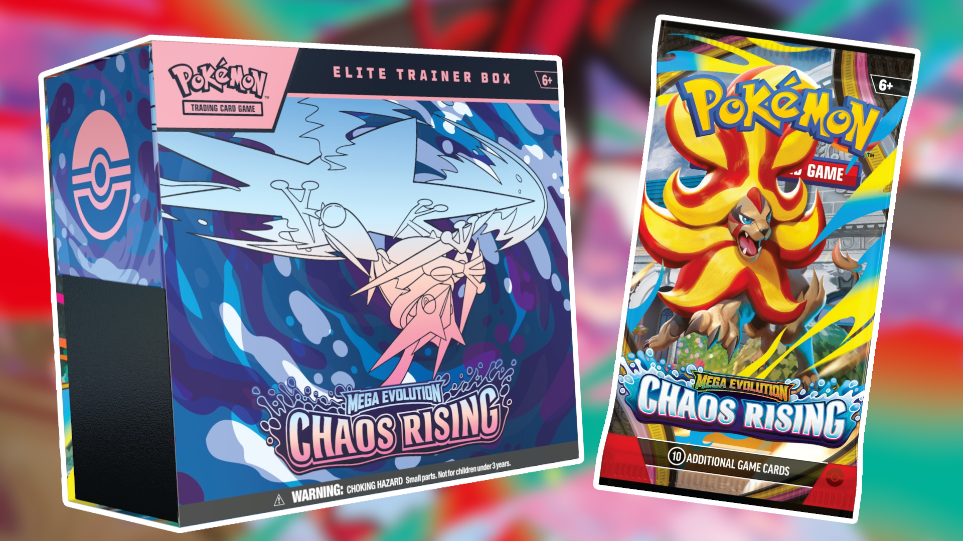 Chaos Rising Elite Trainer Box and Booster outlined in white, against a multi-color background