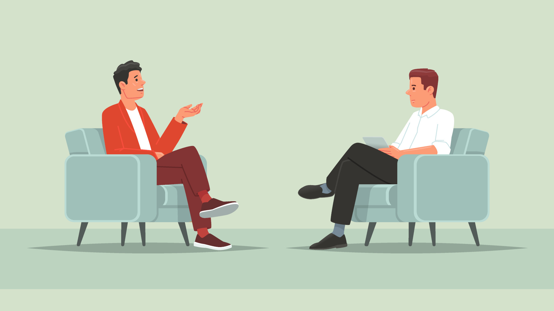 An illustration of two people on chairs having a business meeting