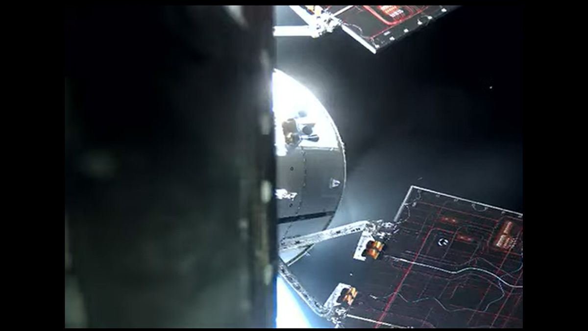 The moon-bound Orion spacecraft on its debut journey to the moon.