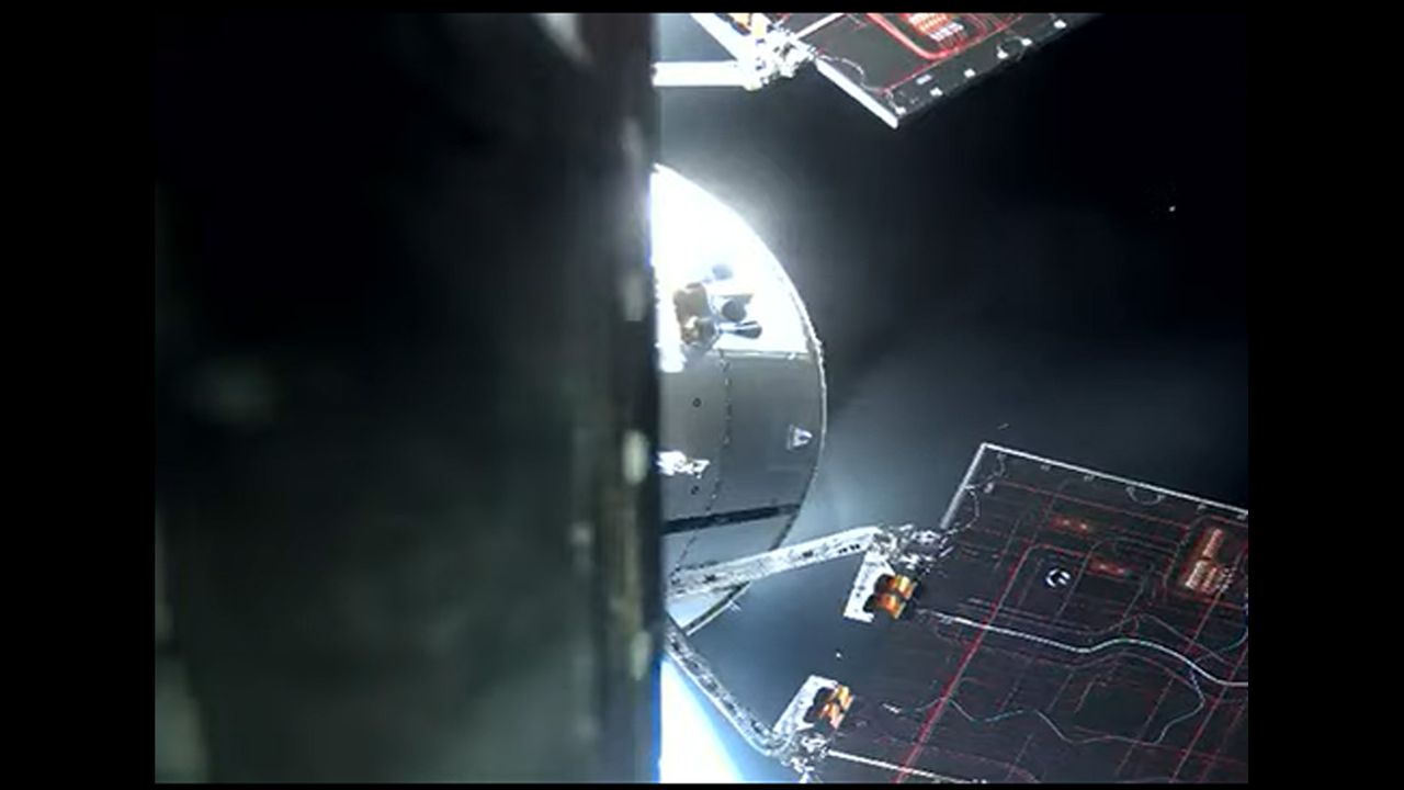The moon-bound Orion spacecraft on its debut journey to the moon.