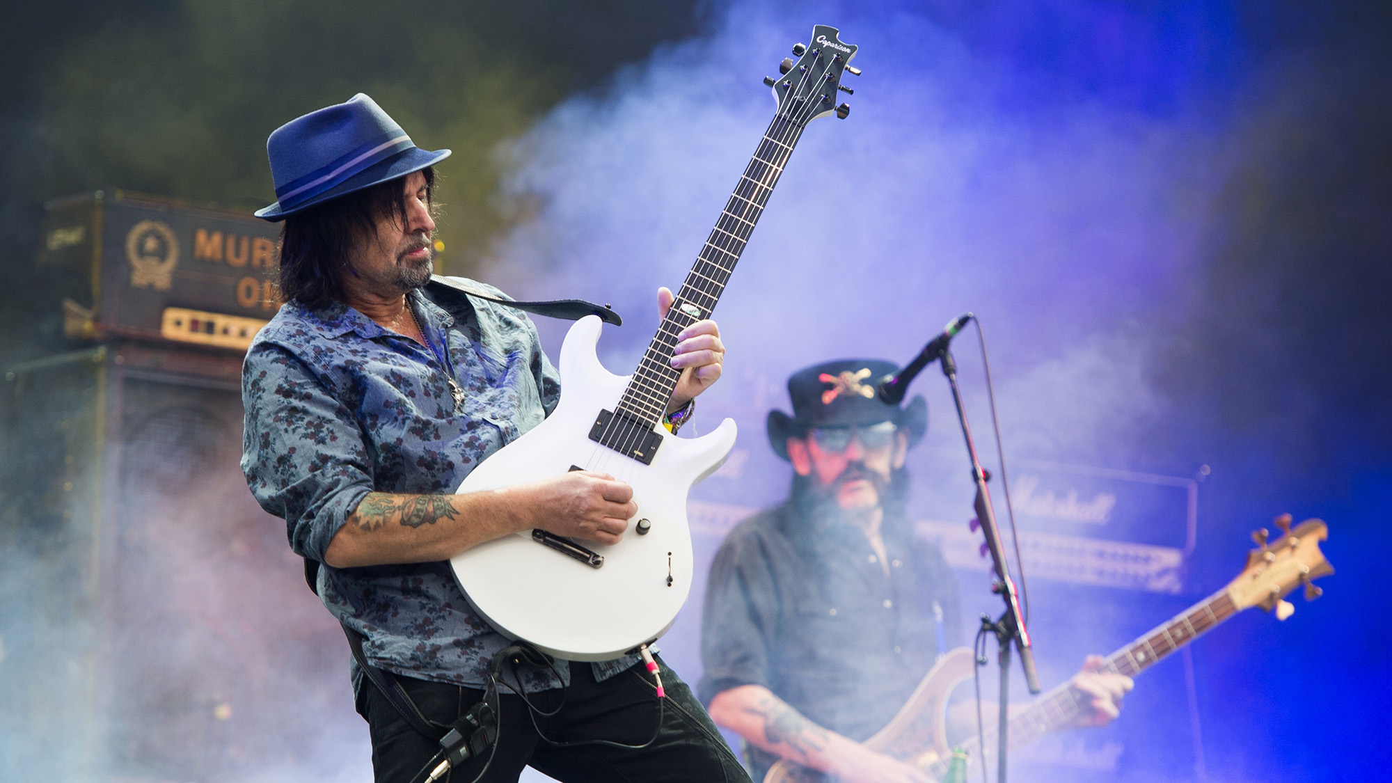 Phil Campbell and Lemmy Kilmister (R) of Motorhead perform at the Glastonbury Festival at Worthy Farm, Pilton on June 26, 2015 in Glastonbury, England.