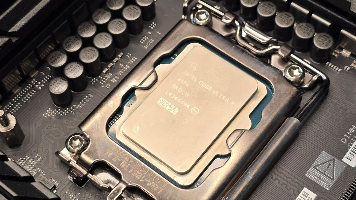 A close up of the Intel Core Ultra 7 265K installed on its motherboard socket