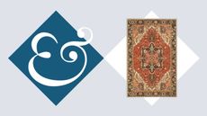 A grey header image with a blue block with the white Homes & Gardens logo on it, and a white block with a burnt orange Persian rug style doormat.