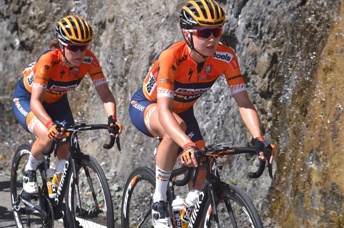 Karol-Ann Canuel sitting on the wheel of Boels teammate Megan Guarnier