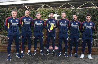 Arsenal manager Mikel Arteta receives the Premier League January Manager Of The Month award with coaching staff (L) Inaki Pavon, (2ndL) Carlos Cuesta, (3rdL) Steve Round, (R) Miguel Molina, (2ndR) Nico Jover and (3rdR) Albert Stuivenburg at London Colney on February 03, 2023 in St Albans, England. (Photo by Stuart MacFarlane/Arsenal FC via Getty Images)