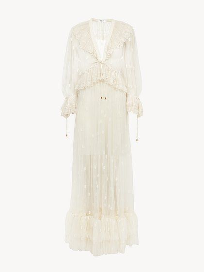 Gathered V-Neck Long Dress in Embroidered Lace
