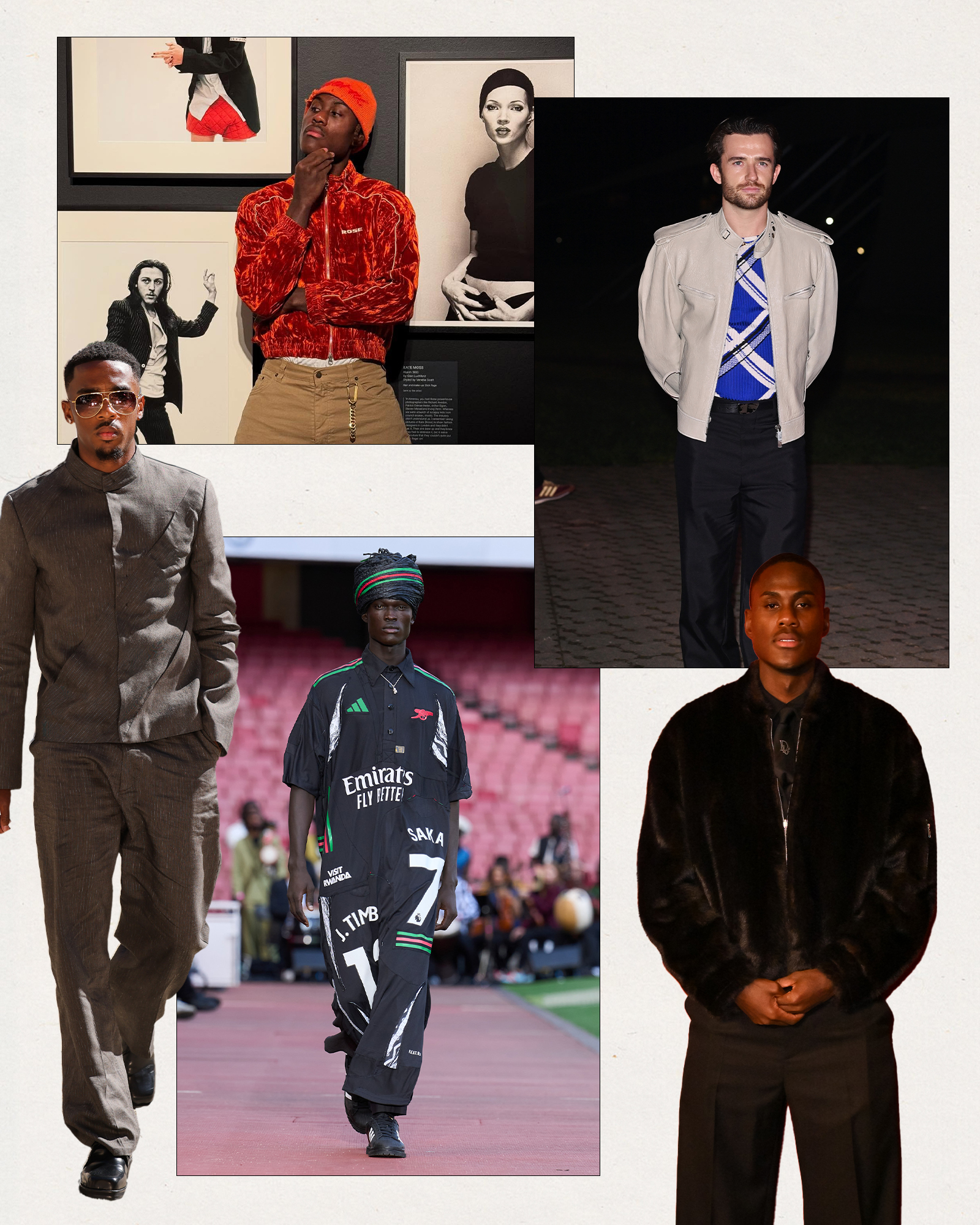 A collage featuring images of work football stylist Algen Hamilton has worked on during his career, from runway shows he helped style to his football player clients.