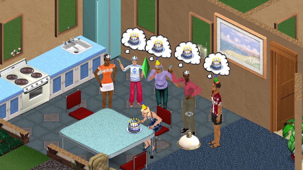 The Sims - A Som blows out birthday candles while friends cheer in the kitchen