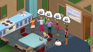 The Sims - A Som blows out birthday candles while friends cheer in the kitchen