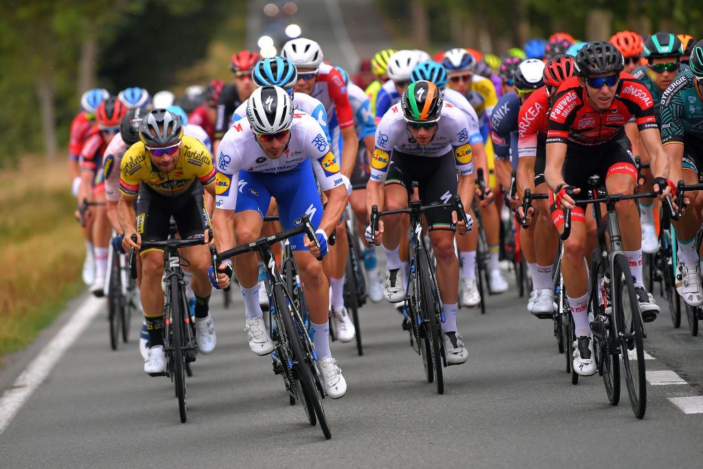 WAVRE BELGIUM AUGUST 17 Florian Senechal of France and Team Deceuninck QuickStep Sam Bennett of Ireland and Team Deceuninck QuickStep Michael Vanthourenhout of Belgium and Team Pauwels Sauzen Bingoal Peloton during the 41st Tour de Wallonie 2020 Stage 2 a 1723km stage from Frasnes Lez Anvaing to Wavre TourdeWallonie TRW2020 on August 17 2020 in Wavre Belgium Photo by Luc ClaessenGetty Images