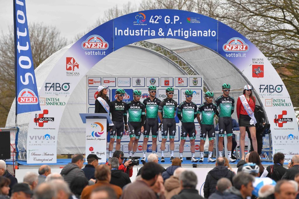 Schachmann and his Bora-Hansgrohe teammates at the start
