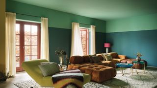 green living room with two tone paint effect