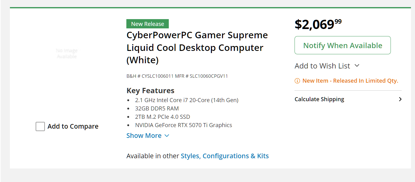 A Cyberpower PC listing on B&H webpage.