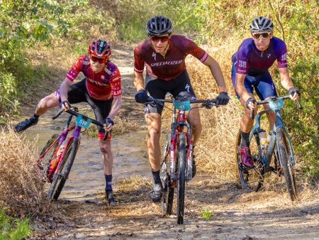 Fighting at the front of the race are Peter Stetina (far left), Christopher Blevins and Brennan Wertz