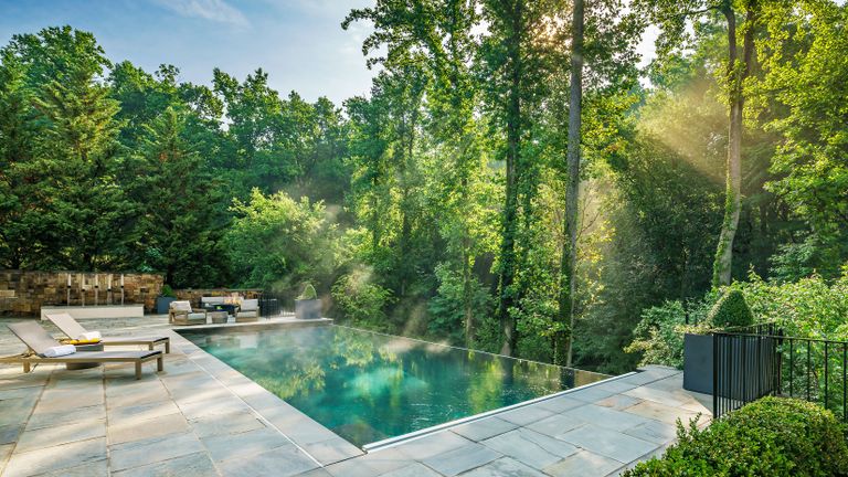 An example of backyard landscaping ideas showing an infinity pool overlooking a sunlit woodland