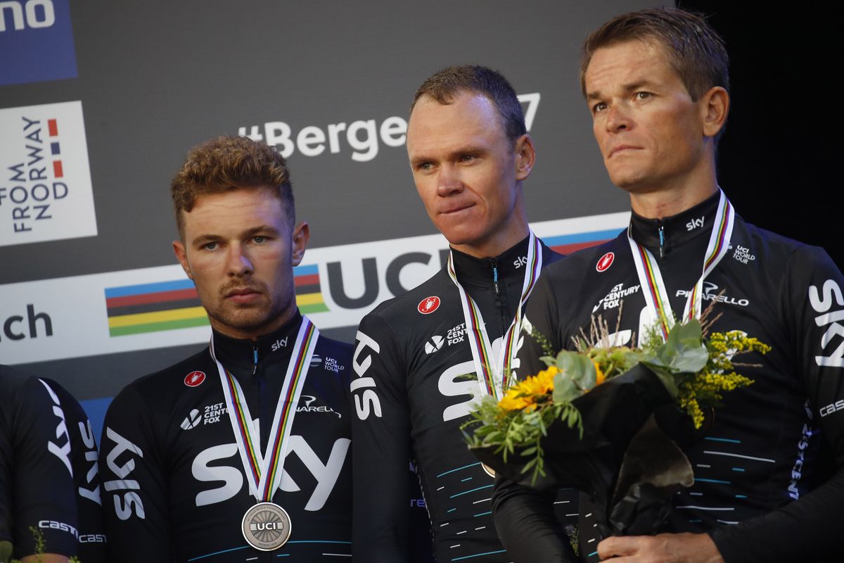 Owain Doull, Chris Froome and Vasil Kiryienka after their third-place ride in the men's team time trial at the Bergen Road World Championships