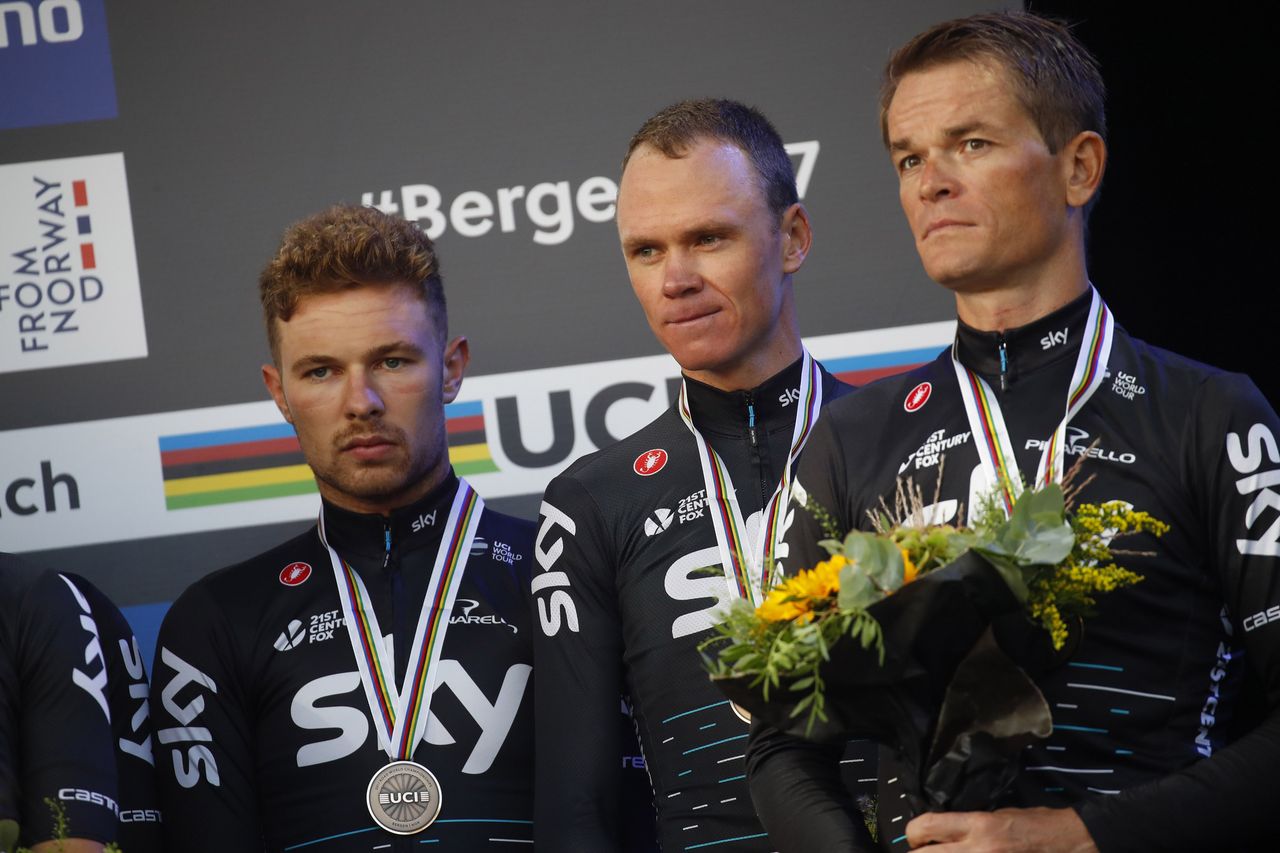 Owain Doull, Chris Froome and Vasil Kiryienka after their third-place ride in the men's team time trial at the Bergen Road World Championships
