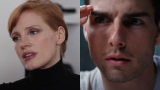 Jessica Chastain in The 355 and Tom Cruise in Mission: Impossible, pictured side by side.