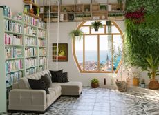 A unique short-term rental room with a wall of books, a loft and ladder and large window with a view to the sea.