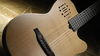 Close up of a Godin MultiAc Encore nylon string classical guitar