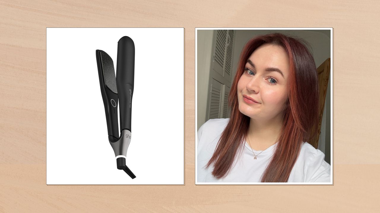 Collage of two vertical images showing the ghd Chronos Max Hair Straightener (left) and Lucy&#039;s hair after using the tool (right), both in white frames set against a beige watercolour-style background