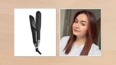 Collage of two vertical images showing the ghd Chronos Max Hair Straightener (left) and Lucy's hair after using the tool (right), both in white frames set against a beige watercolour-style background