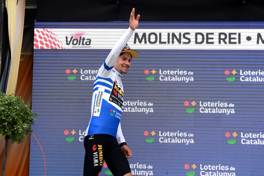 MOLINS DE REI SPAIN MARCH 25 Primoz Roglic of Slovenia and Team JumboVisma celebrates at podium as Blue Points Jersey winner during the 102nd Volta Ciclista a Catalunya 2023 Stage 6 a 1741km stage from Martorell to Molins de Rei UCIWT on March 25 2023 in Molins de Rey Spain Photo by David RamosGetty Images