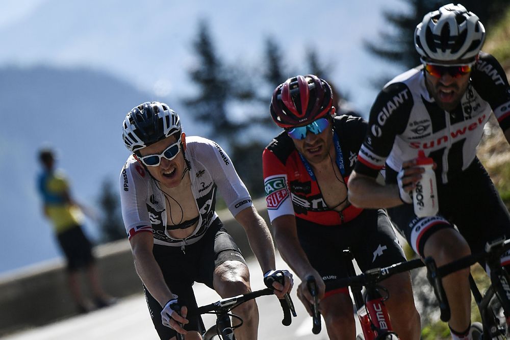Geraint Thomas (Team Sky) catches the breaks on the climb to La Rosiere, before attacking to win