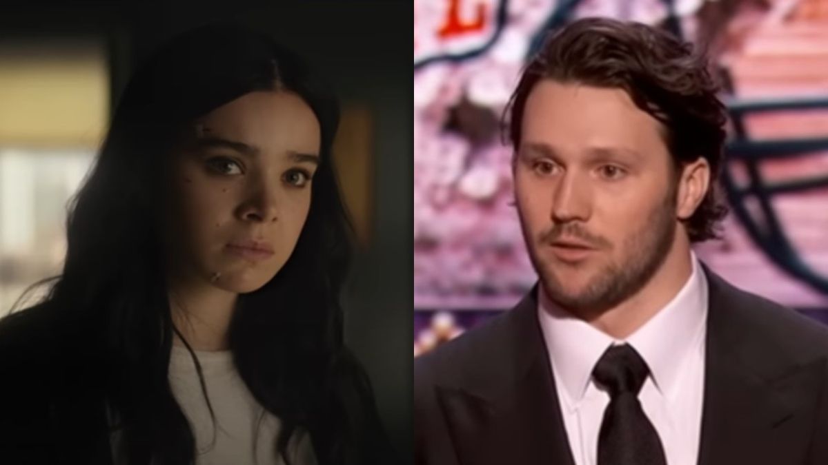 Hailee Steinfeld looking serious in Hawkeye and Josh Allen accepting his award for Most Valuable Player at the 2024 NFL Honors.