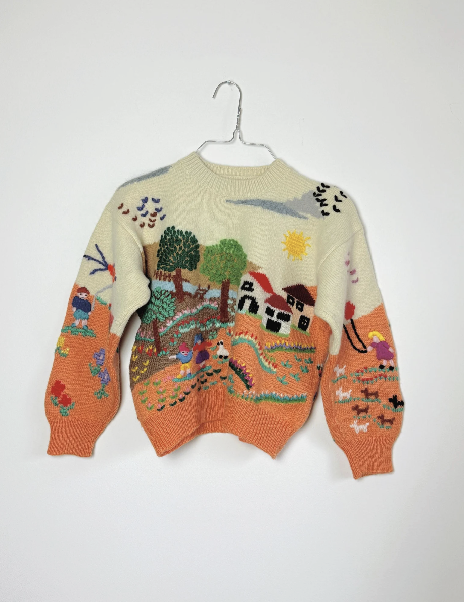 Sun Moon Wolf Vintage, Vintage hand-knit wool embroidered folk sweater