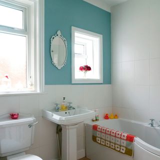 bathroom with square victorian style basin bathroom walls painted fresh duck egg blue and alixs love of vintage pieces spray painted mirror