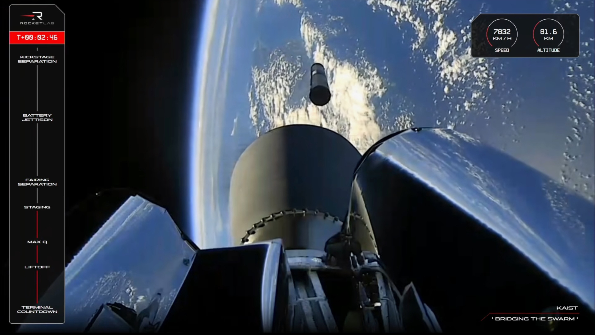 view from space showing a rocket nozzle and a dark cylindrical falling back to earth, with our planet in the background