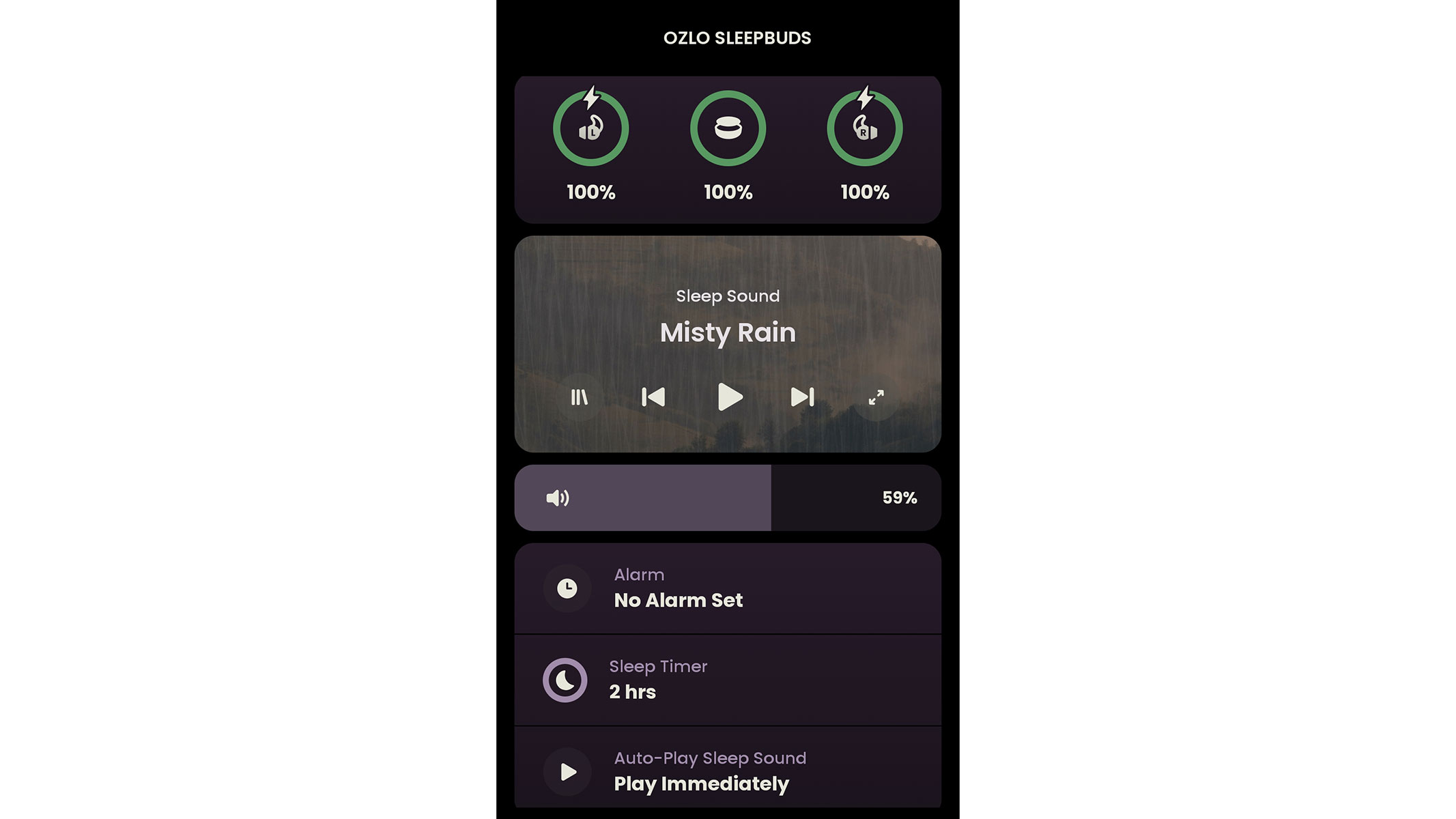 A screenshot of the sound settings from the Ozlo app
