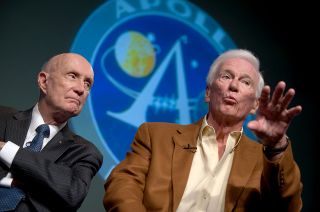 Gemini 9A and Apollo 10 crewmates Tom Stafford (left) and Gene Cernan together at an Apollo 11 40th anniversary press conference held at NASA Headquarters in July 2009.