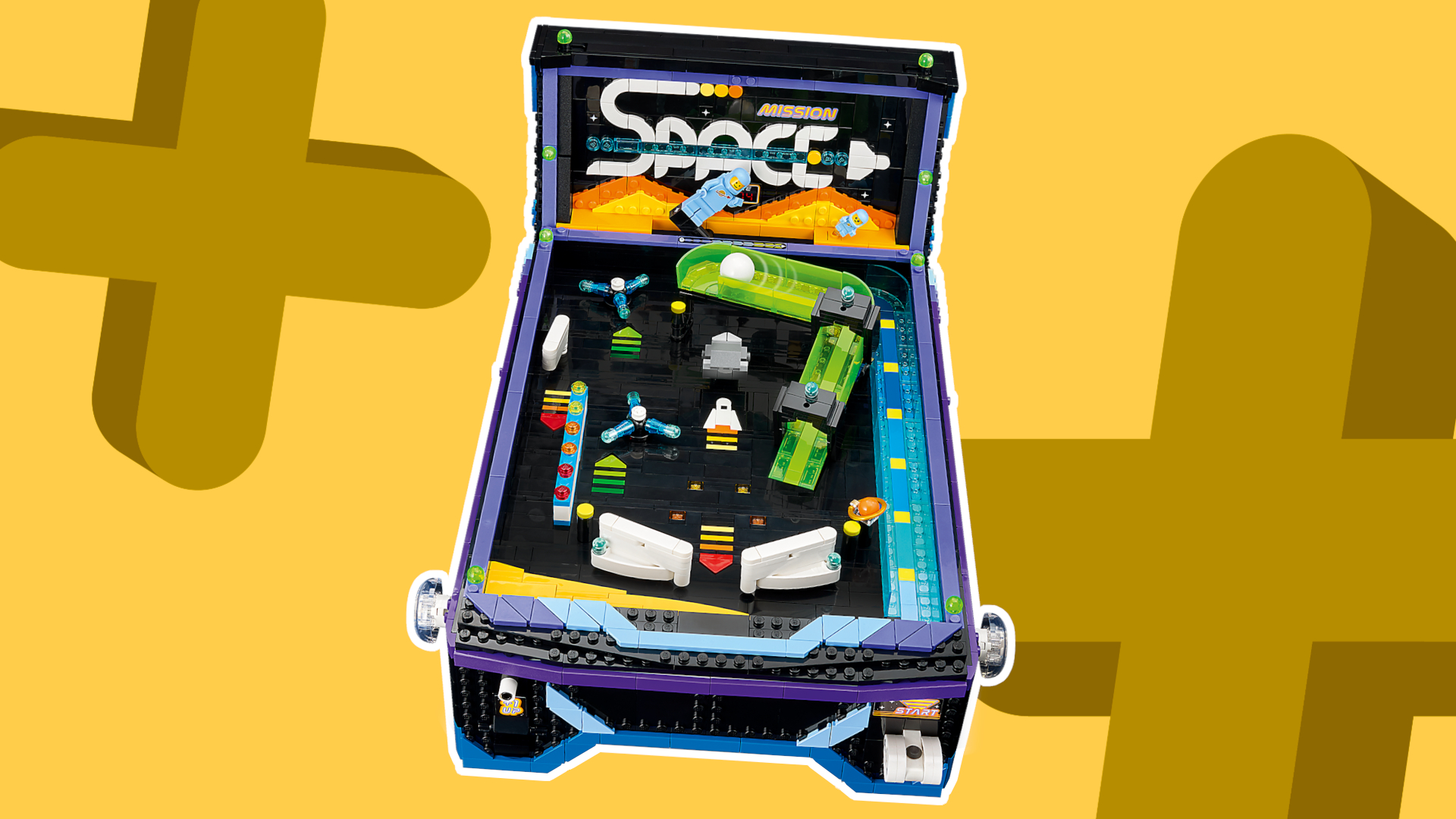 A Lego pinball machine set outlined in white against a yellow background with crosses