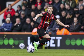 Milos Kerkez in action for Bournemouth against Sheffield United in March 2024.