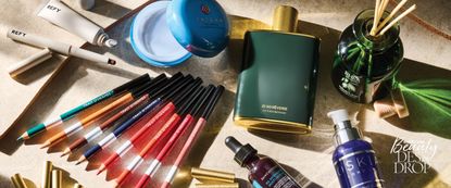 Beauty Desk Drop products October 2024 including Hermes eye pencils, Tatcha cleansing balm, Victoria Beckham Beauty perfume, Refy lip liner