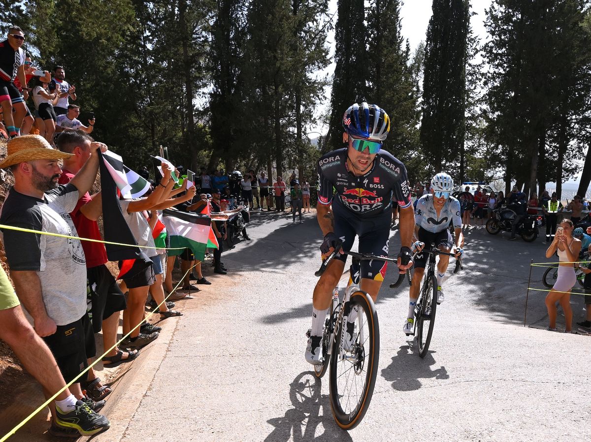 CAZORLA, SPAIN - AUGUST 24: (L-R) Stage winner Primoz Roglic of Slovenia and Team Red Bull Bora - hansgrohe and Enric Mas of Spain and Team Movistar compete in the breakaway during the La Vuelta - 79th Tour of Spain 2024, Stage 8 a159km stage from Ubeda to Cazorla 1056m / #UCIWT / on August 24, 2024 in Cazorla, Spain. (Photo by Tim de Waele/Getty Images)