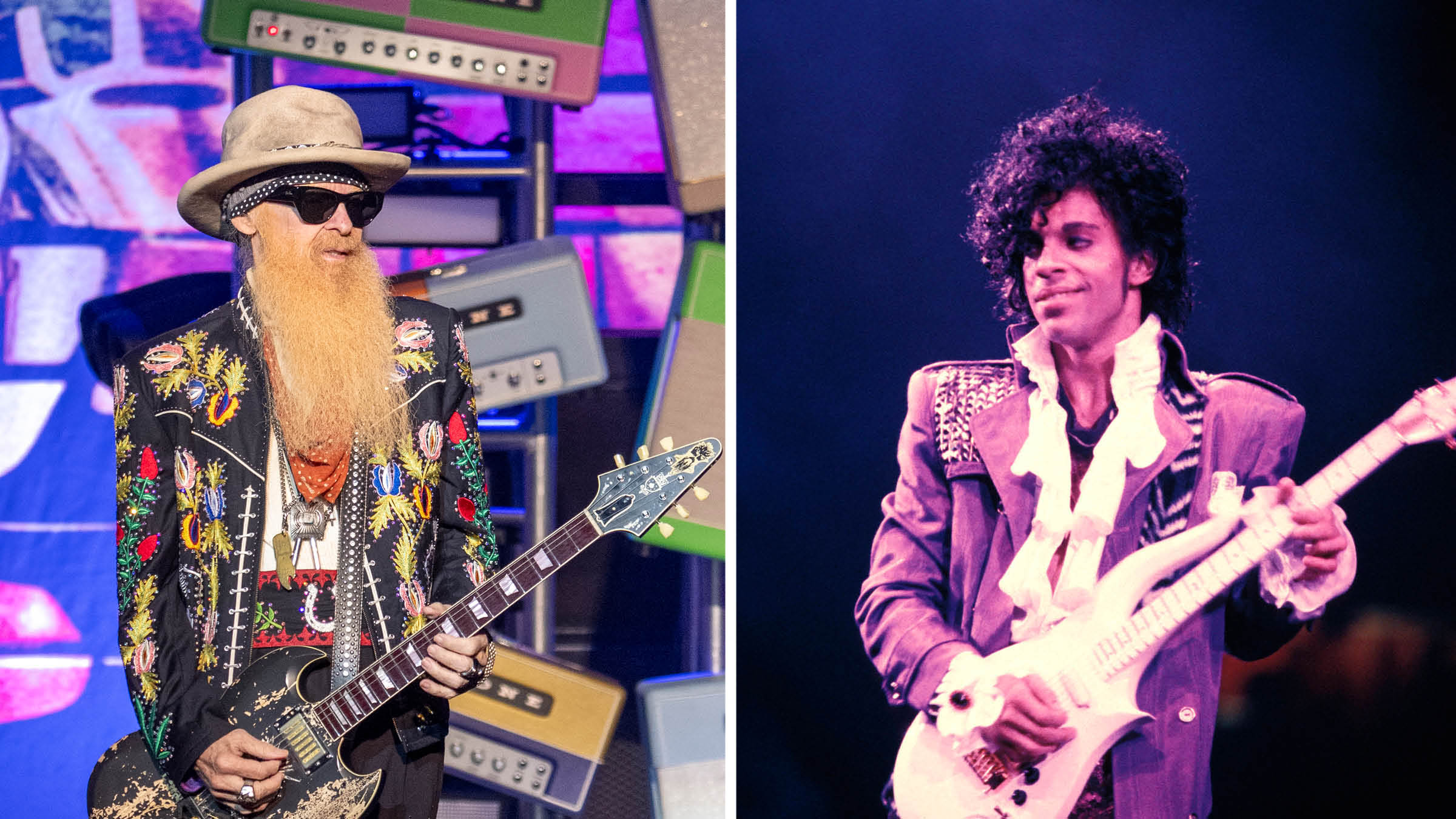 ZZ Top's Billy Gibbons [left] performs in front of some Magnatone amplifiers; a classic shot of Prince performing live, bathed in purple light.