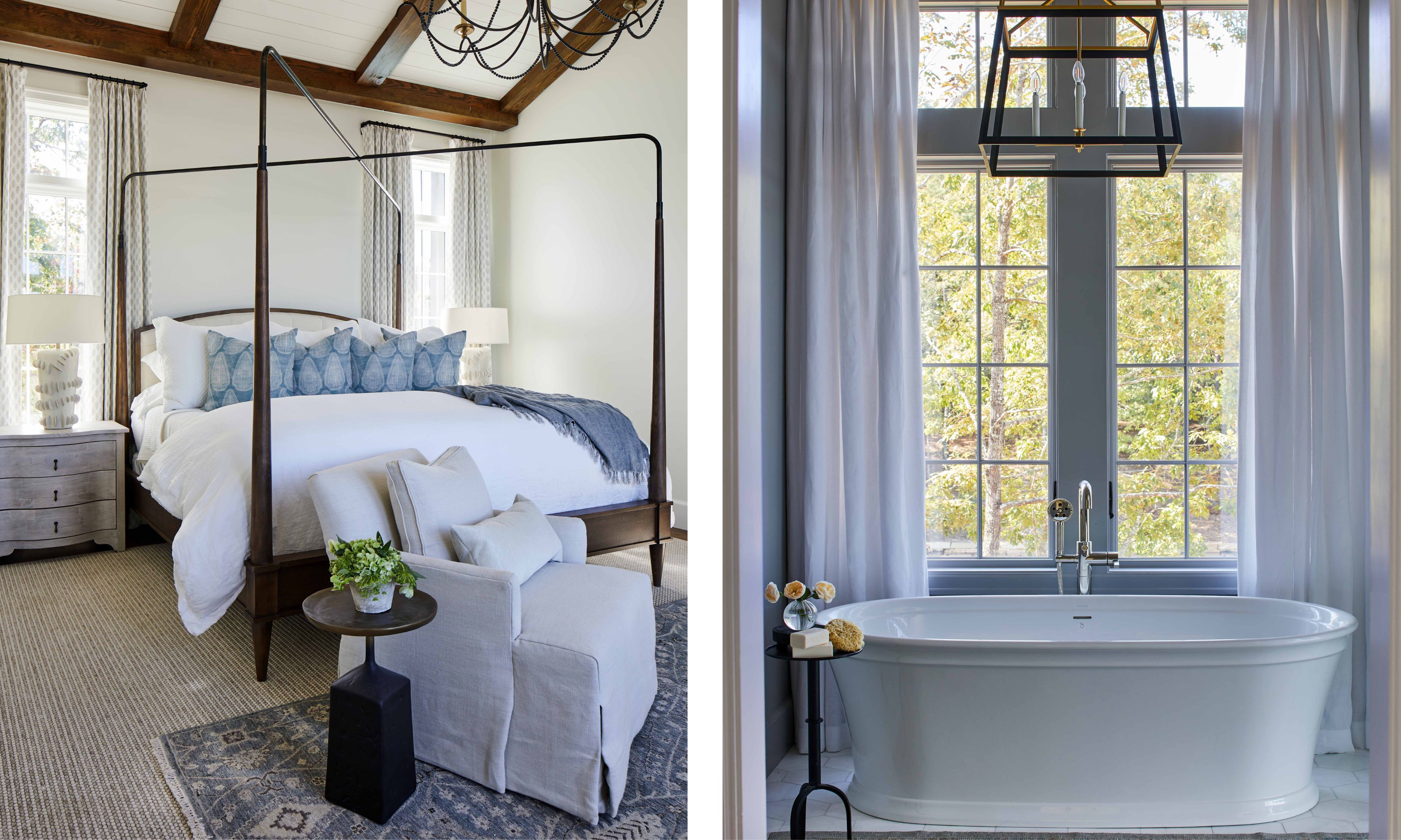 two shots next to each other. On the left, a canopy bed in a white bedroom. On the right, a white bath in front of a big window