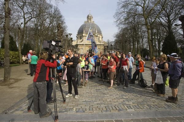 The walkers gather outside the basilica in Scherpenheuvel