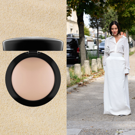 A woman wearing a white dress next to two face powders.