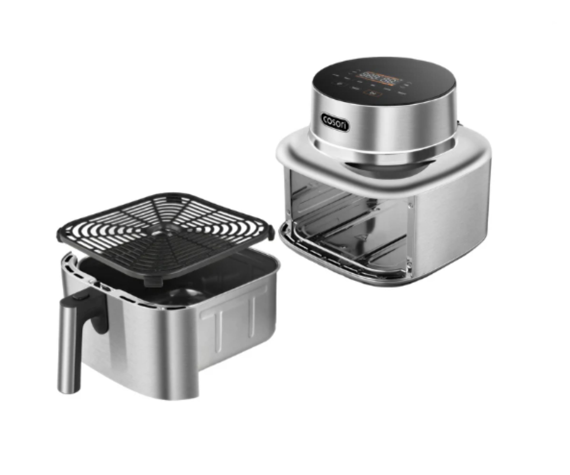 A stainless steel Cosori air fryer with the drawer pulled out and the crisper tray removed, on a white background