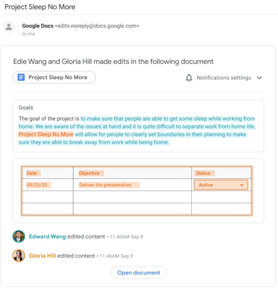Google Docs edits email alert