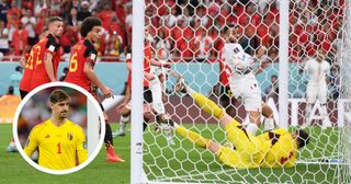 Watch: Morocco score free-kick UNDER Thibaut Courtois: Thibaut Courtois of Belgium dives in vain as Abdelhamid Sabiri (not pictured) of Morocco scores their team's first goal from a free kick during the FIFA World Cup Qatar 2022 Group F match between Belgium and Morocco at Al Thumama Stadium on November 27, 2022 in Doha, Qatar.