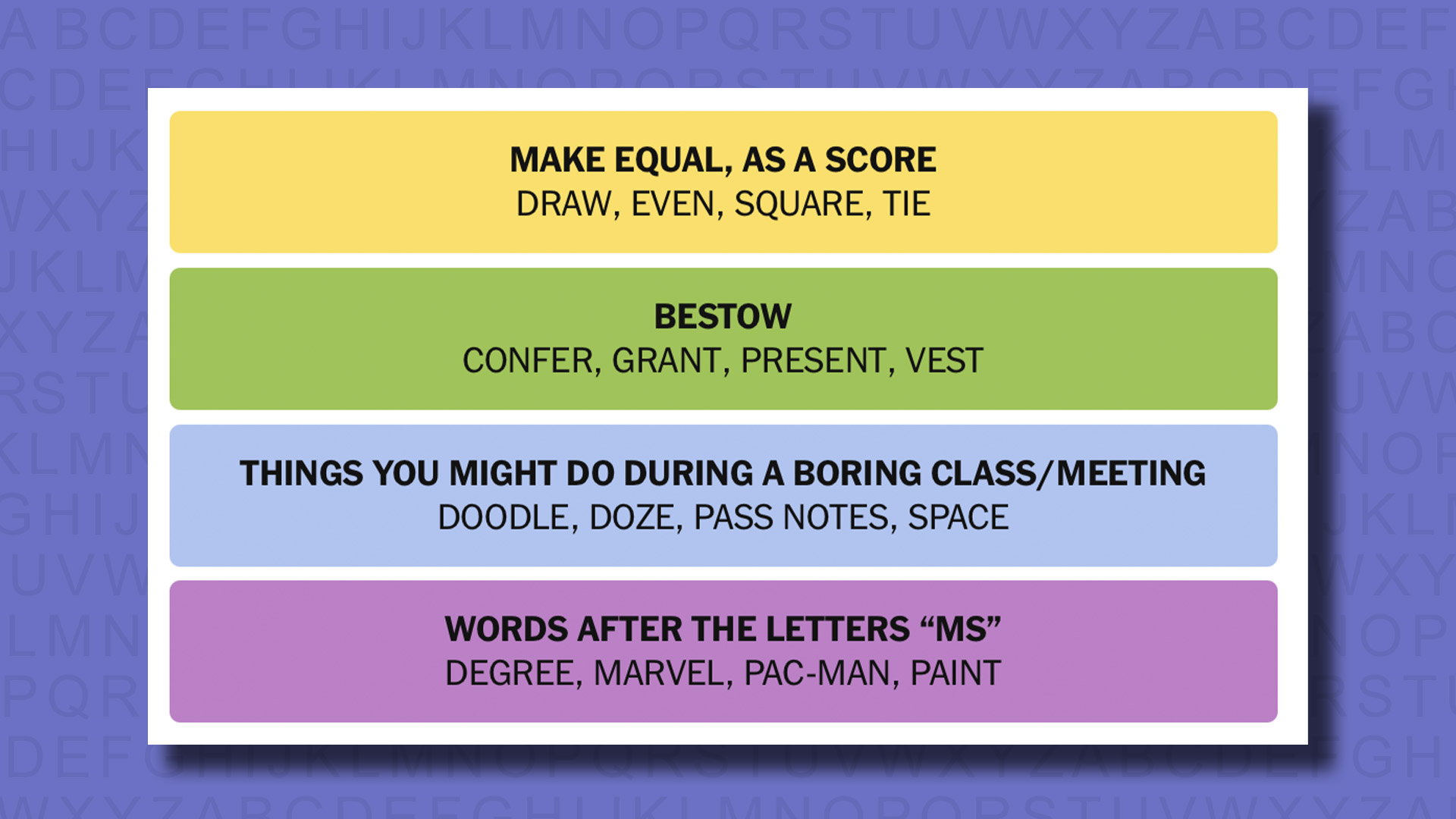 NYT Connections answers for game 789 on a purple background