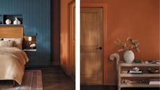 Bedroom with blue panelled wall and alcoves filled with books and trinkets, an orange wall on the left with a console filled with books and a vase.